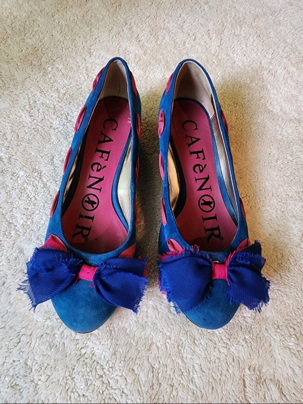 CafèNoir Women’s Suede Bow Blue/Pink Slip-On Kitten Heel Shoes 6.5